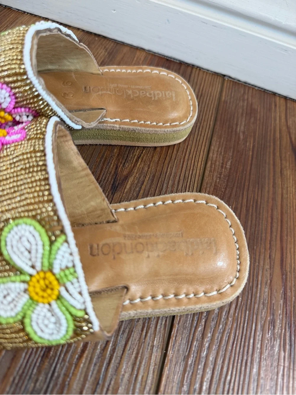 LaidbackLondon sandals handmade leather Beaded Flower Medallion  size 6 EU 36